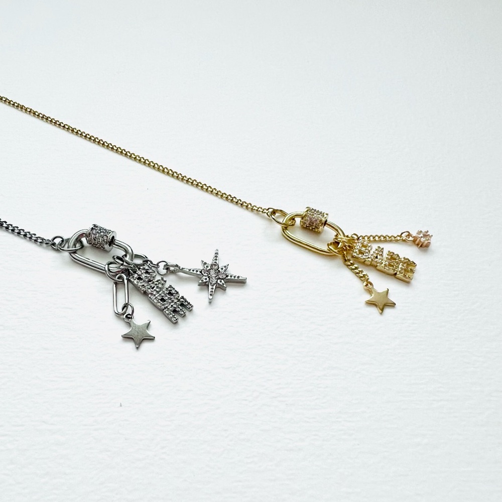 Rhinestone babe charm necklace on silver or gold carabiner